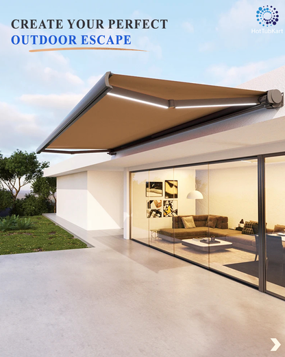 Motorised Outdoor Awning  | Aluminium & PVC Retractable Shade with LED