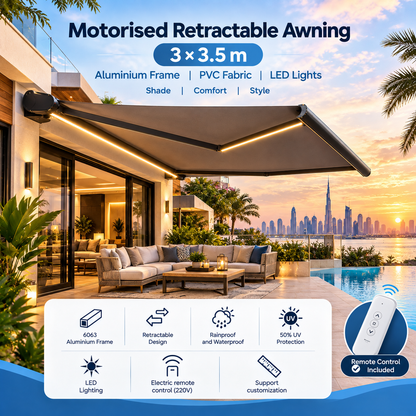 Motorised Outdoor Awning  | Aluminium & PVC Retractable Shade with LED