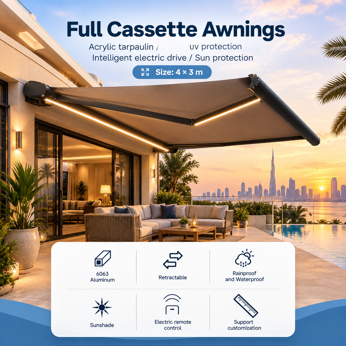 Motorised Outdoor Awning  | Aluminium & PVC Retractable Shade with LED